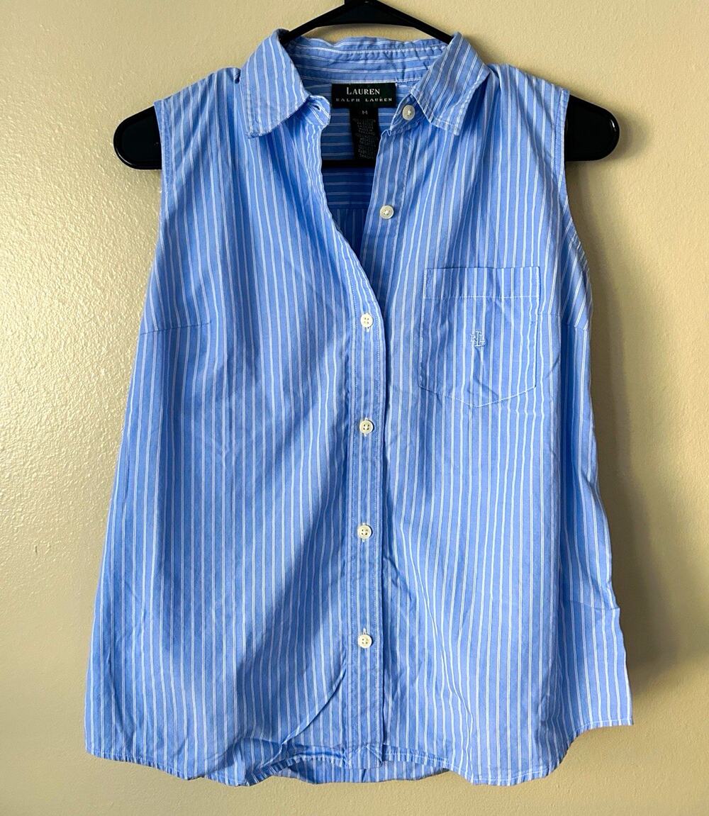 Lauren Ralph Lauren Blue White Striped Woven Cotton Collared Button Blouse M